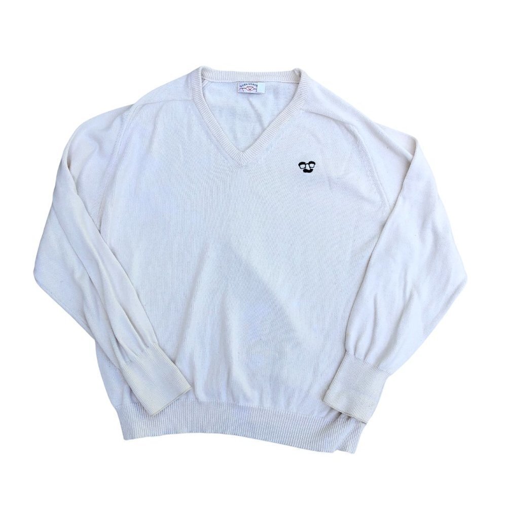 QUEENSBORO Vintage 80s 90s Sweater Men's XL Pullover Knit Glasses Mustache Beige